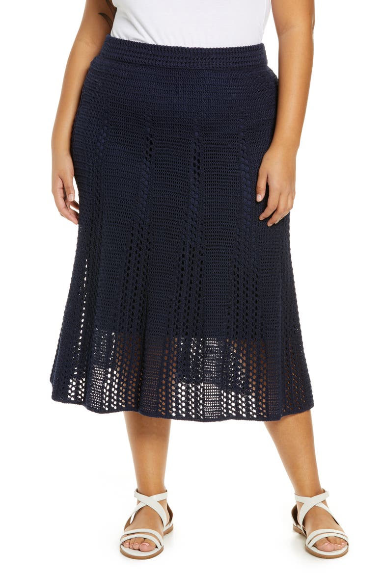 Godet Organic Cotton Crochet Skirt, Main, color, NAVY