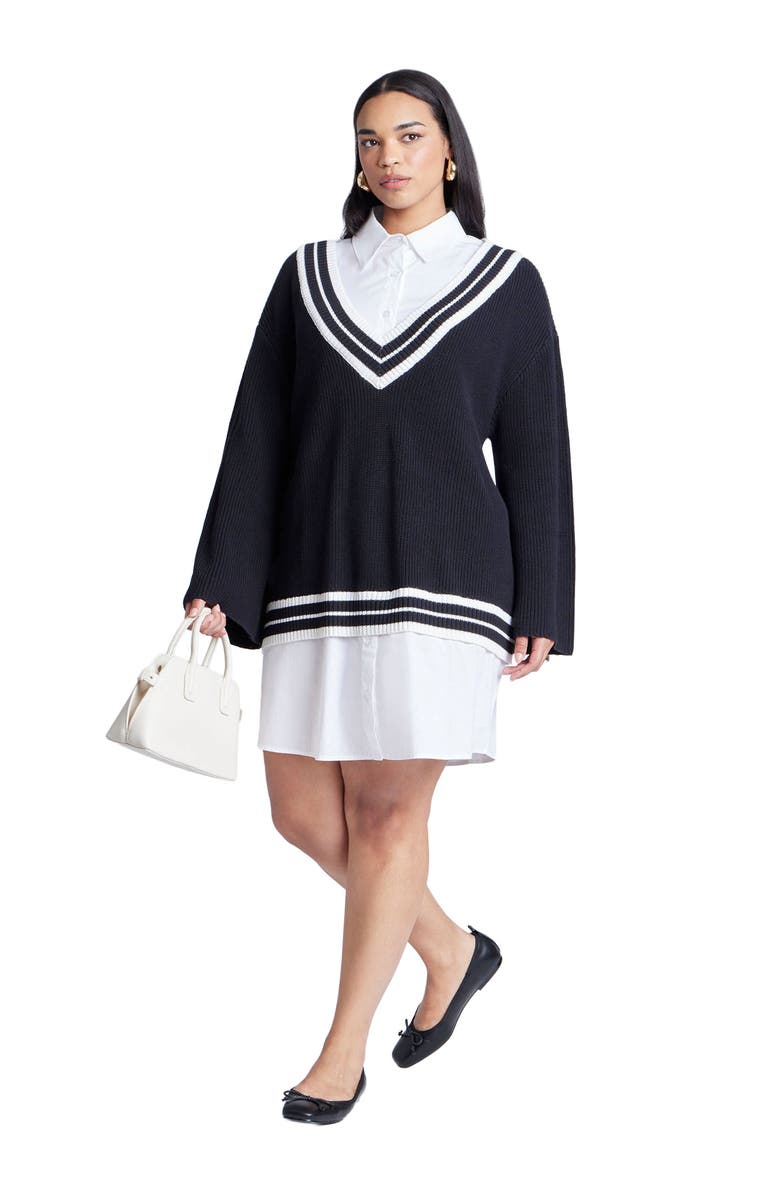 ELOQUII Striped Sweater Twofer Mini Shirt Dress, Main, color, 