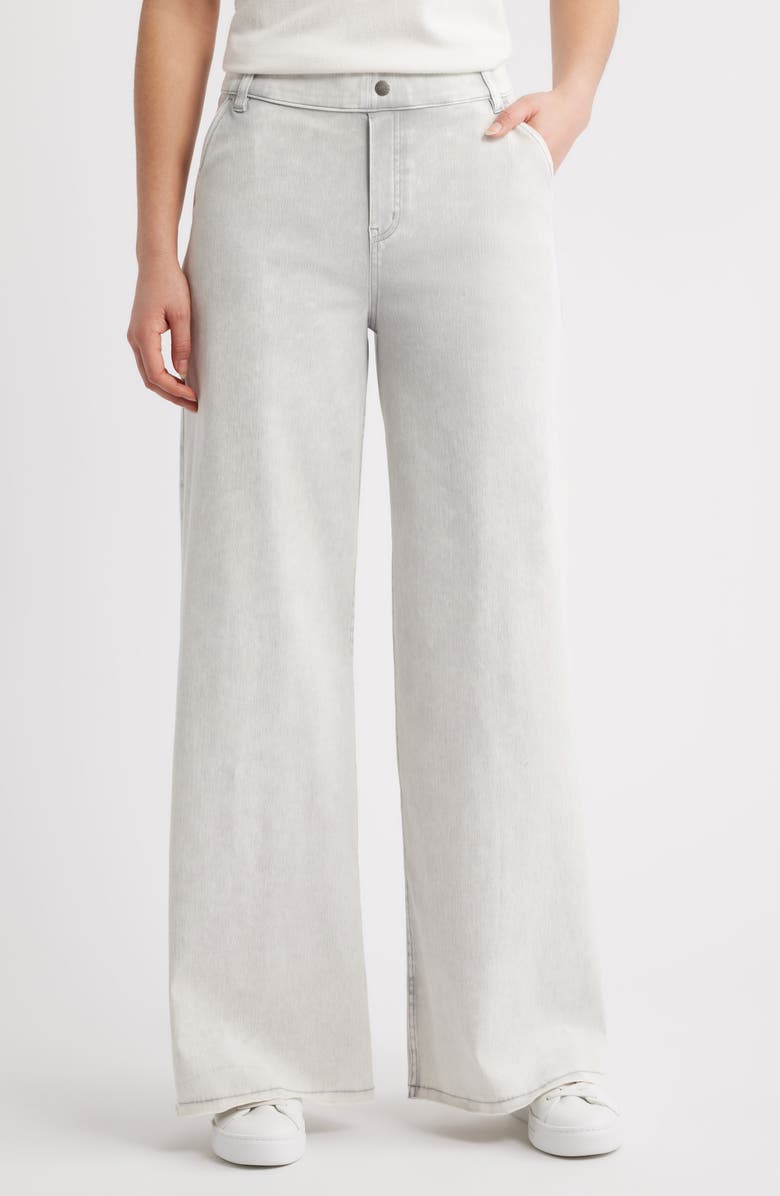 Hue Raw Hem Wide Leg Pull-On Denim Pants, Main, color, White Cloud Wash
