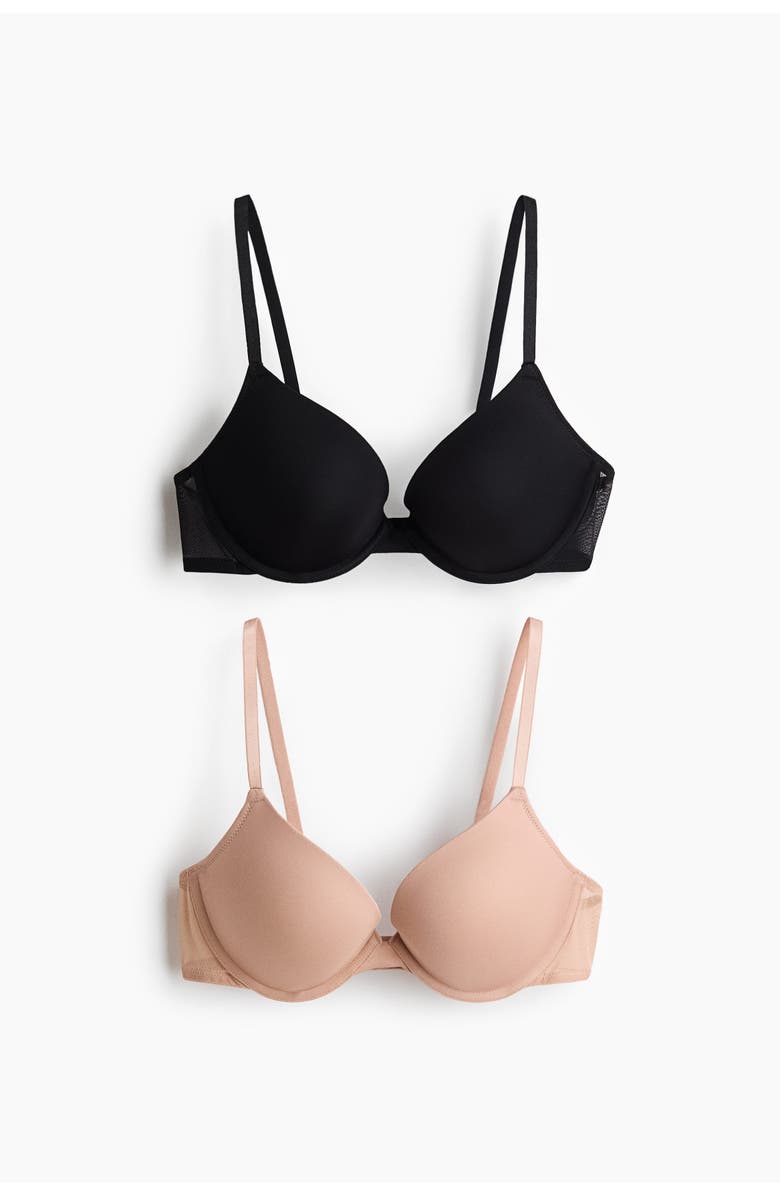H&M 2-pack Microfibre Push-up Bras, Main, color, Light Beige/Black