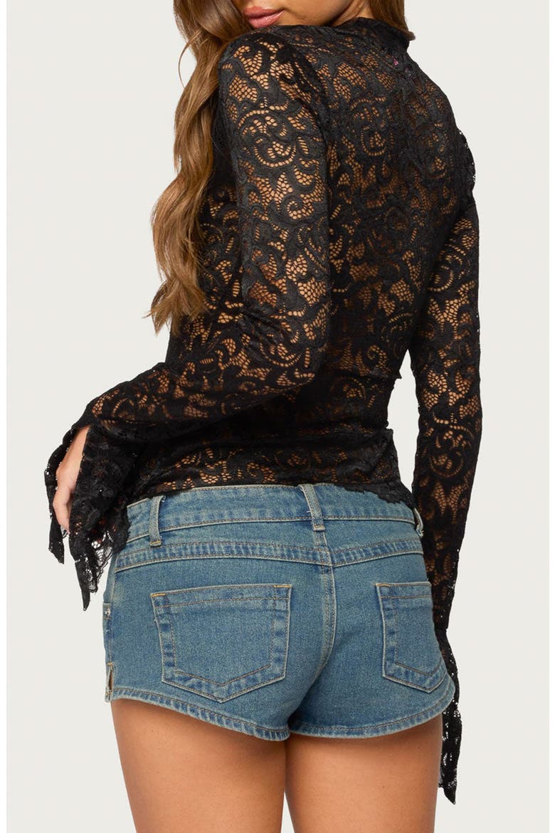 Sheer Lace Bell Sleeve Crop Top, Alternate, color, BLACK