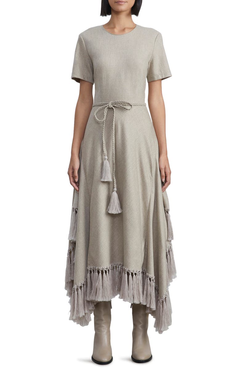 Lafayette 148 New York Tassel Hem Belted Wool Blend Midi Dress, Main, color, 