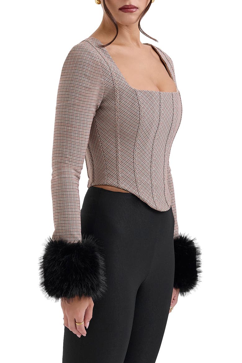 Antonia MIcrocheck Faux Fur Cuff Corset Top, Alternate, color, BROWN CHECK