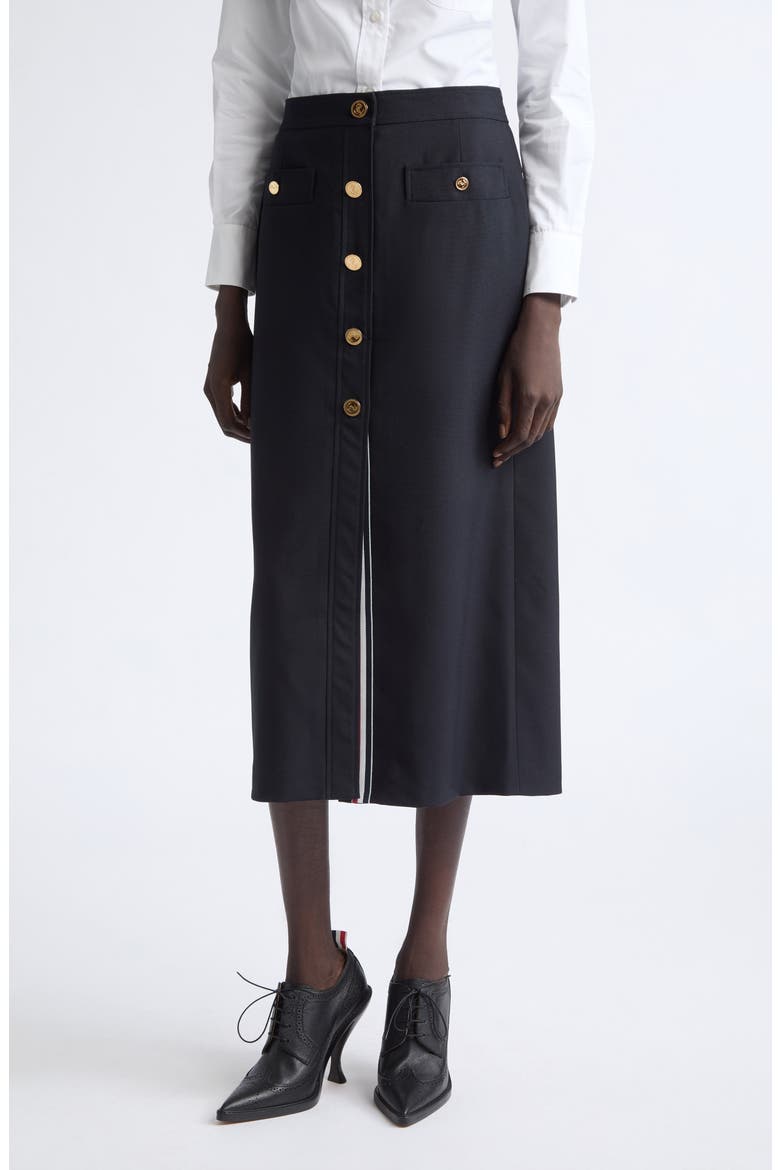 Button Front Wool Midi Skirt, Main, color, NAVY