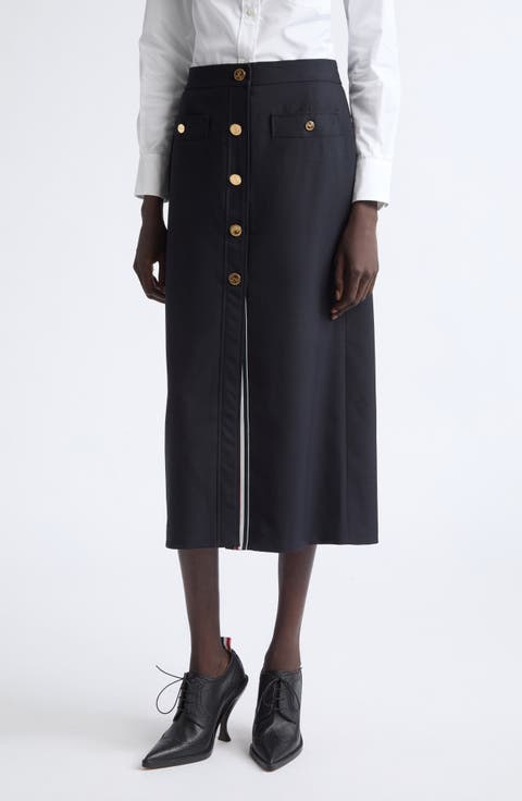 Button Front Wool Midi Skirt