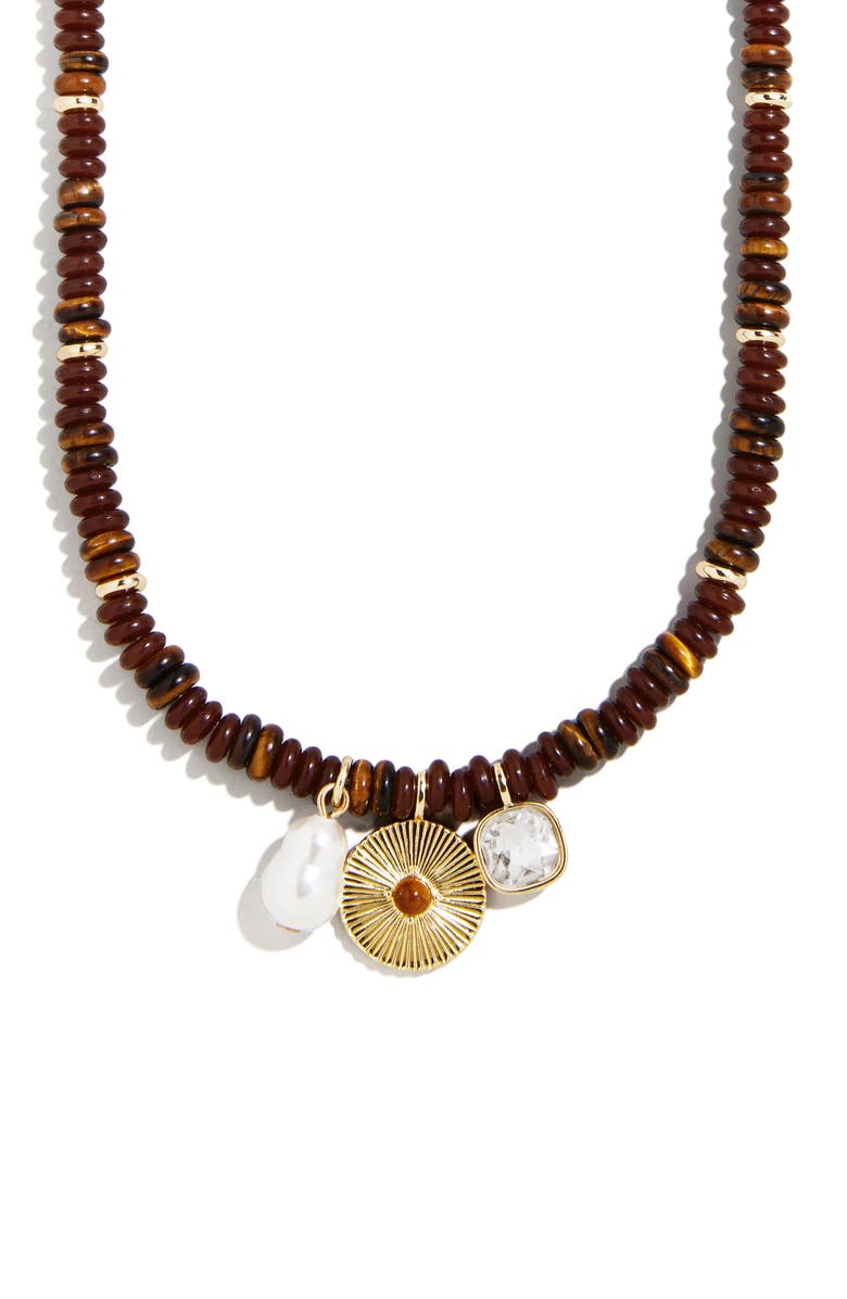 BaubleBar Malia Tiger's Eye Charm Necklace, Alternate, color, Brown