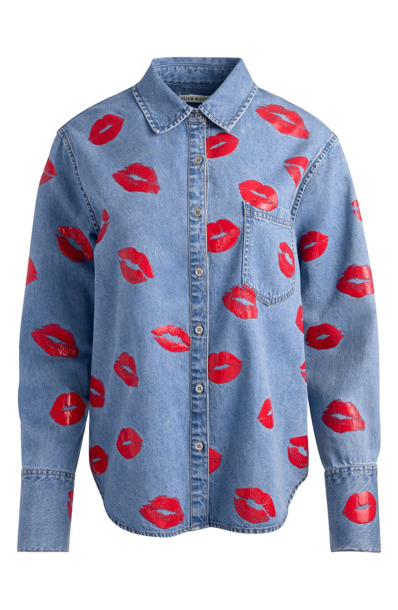 Alice + Olivia Kiss Print Denim Shirt Jacket, Alternate, color, Denver Bright Blue