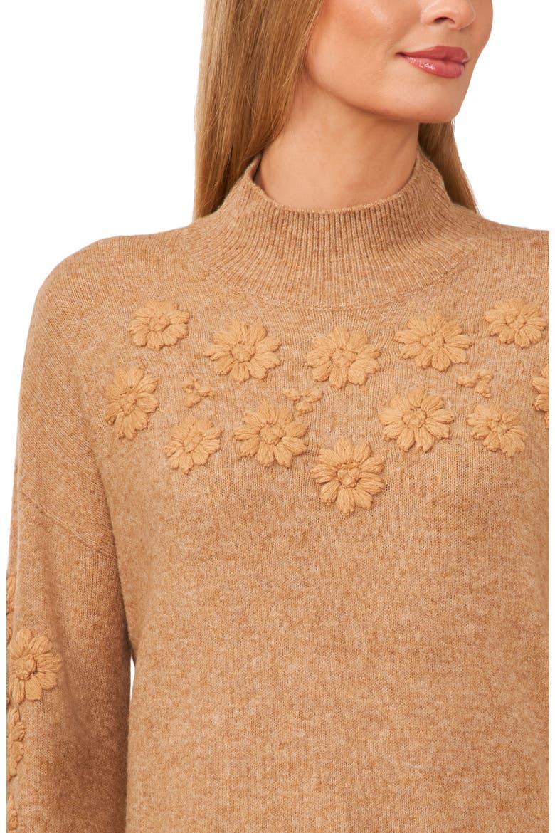 Floral Embroidered Mock Neck Sweater, Alternate, color, LATTE HEATHER BROWN