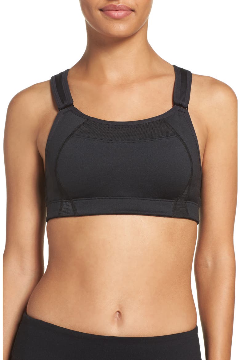 'Shockingly Unshocking' Sports Bra, Main, color, BLACK