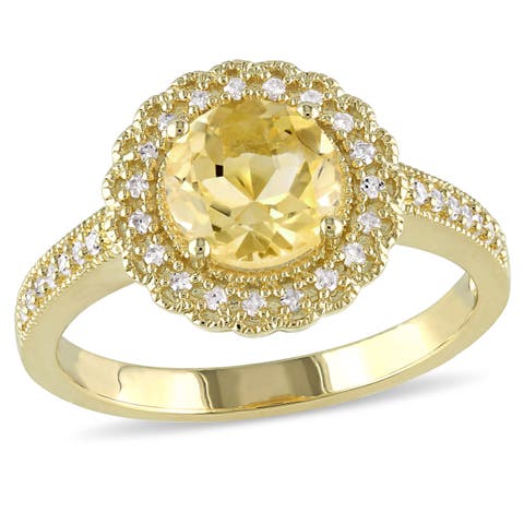 Gemstone & Diamond Halo Ring Yellow-Plated