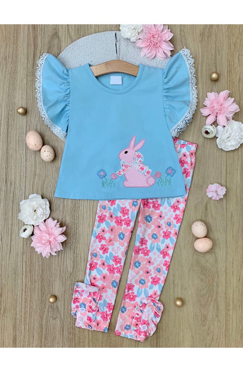 Mia Belle Girls Girls Bunny Bliss Flutter Top and Floral Legging Set, Alternate, color, Blue