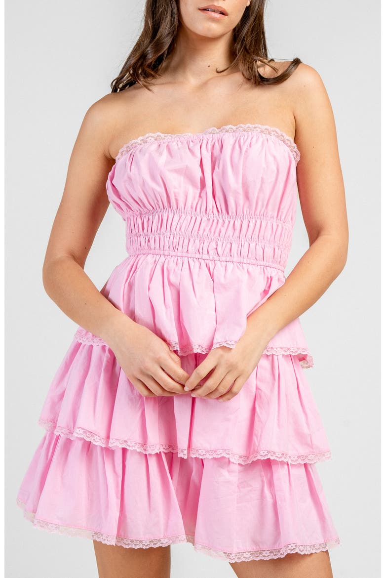 Tiered Cotton Poplin Strapless Minidress, Alternate, color, PINK