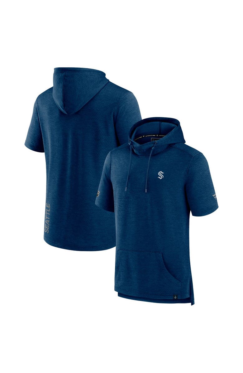 FANATICS Men's Fanatics Branded Heather Deep Sea Blue Seattle Kraken Authentic Pro Short Sleeve Pullover Hoodie, Main, color, Heather Navy