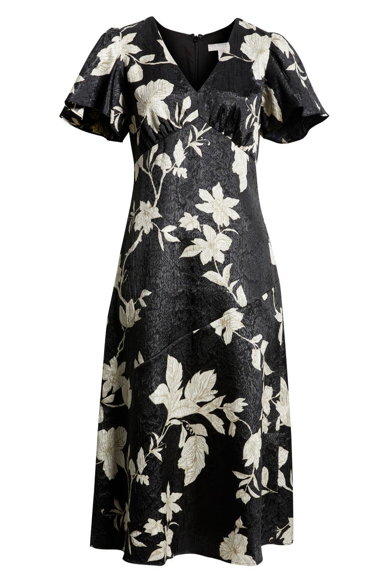 Floral Jacquard Draped Midi Dress, Alternate, color, BLACK- IVORY JAN TOILE