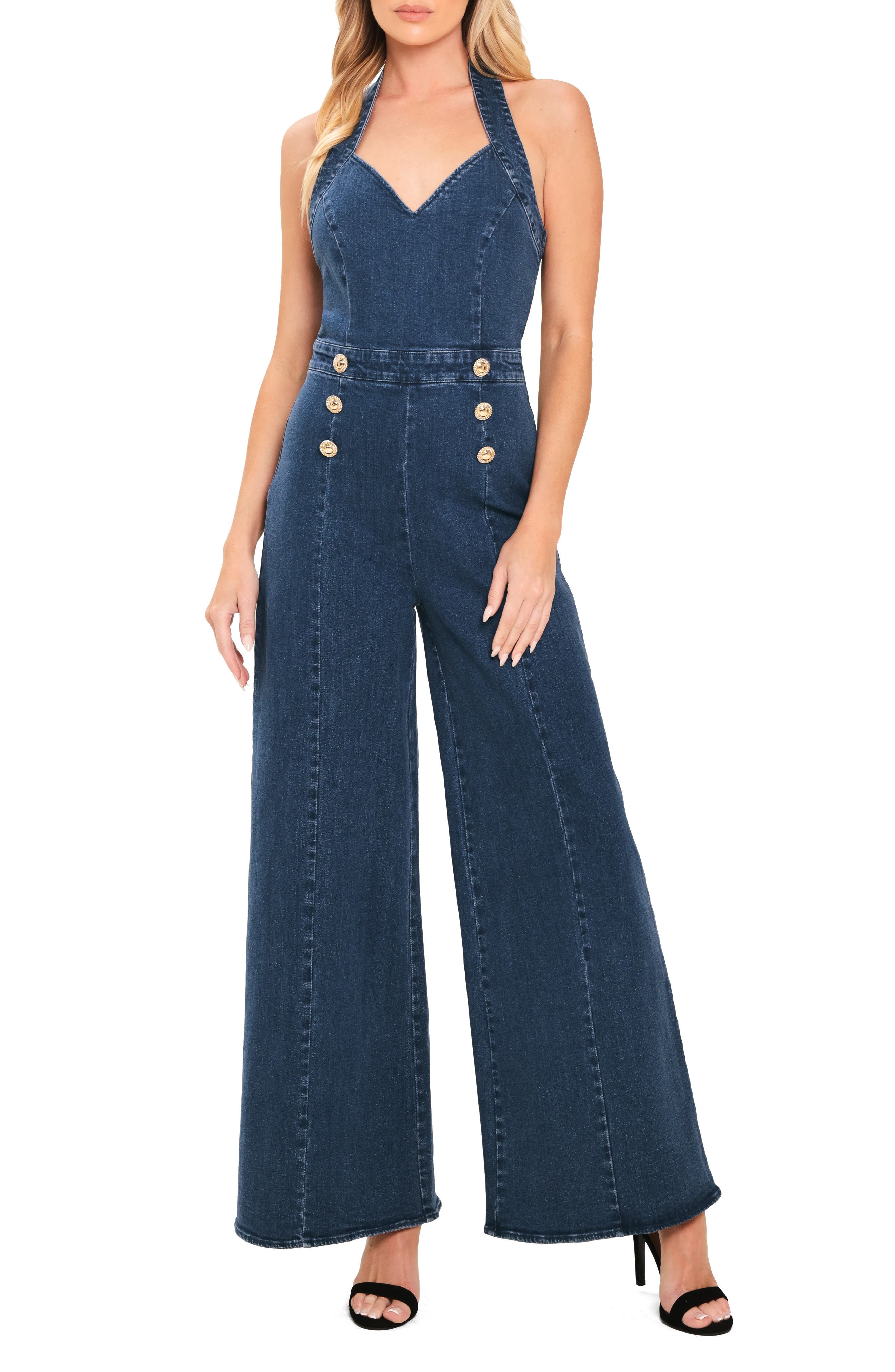 Halter Neck Wide Leg Denim Jumpsuit
