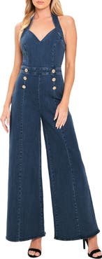 FLYING TOMATO Halter Neck Wide Leg Denim Jumpsuit