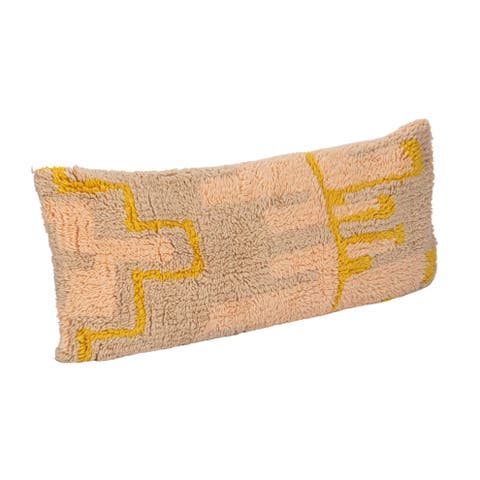 New Zealand Wool Shag Lumbar Pillow with Design and Cotton Back, Pink, Yellow and Cream