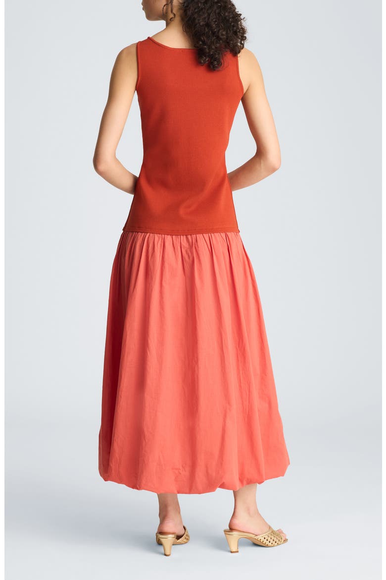 Mixed Media Sleeveless Bubble Hem Midi Dress, Alternate, color, TERRA