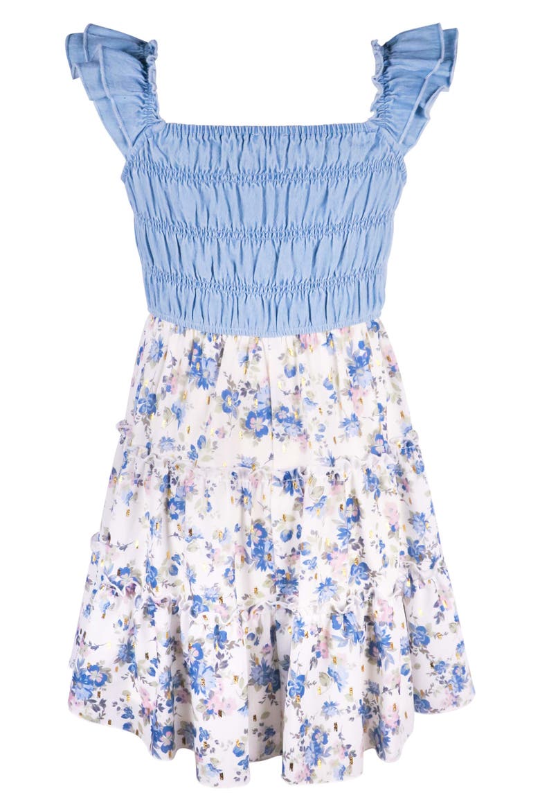 Kids' Smocked Denim Floral Tiered Dress, Alternate, color, BLUE/IVORY