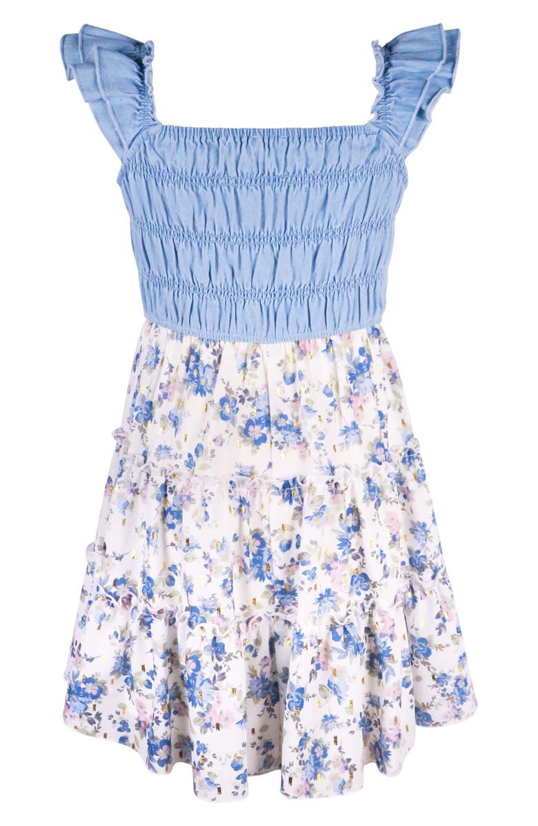 Zunie Kids' Smocked Denim Floral Tiered Dress, Alternate, color, Blue/Ivory