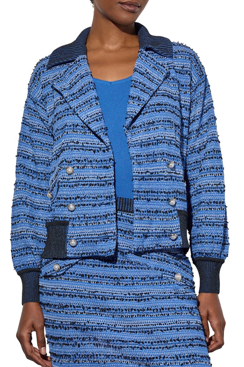 Eyelash Tweed Bomber Jacket, Main, color, GENTIAN BLUE/BLACK
