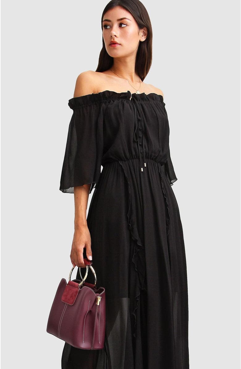 Belle & Bloom Amour Amour Ruffled Midi Dress, Alternate, color, Black