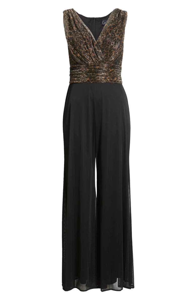 Connected Apparel Metallic Leopard Print Bodice Chiffon Jumpsuit, Alternate, color, Black