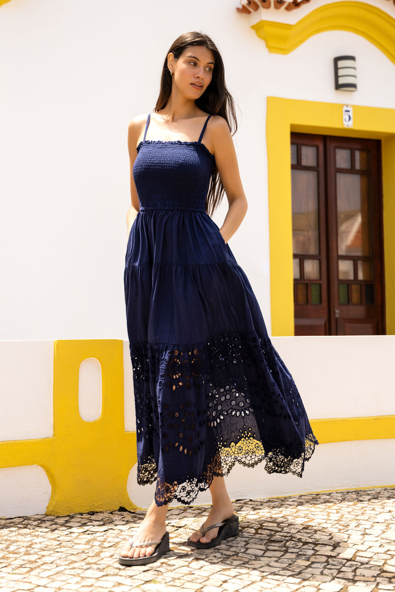 Kristen Sleeveless Smocked Eyelet Midi Dress, Alternate, color, Navy Calypso Eyelet