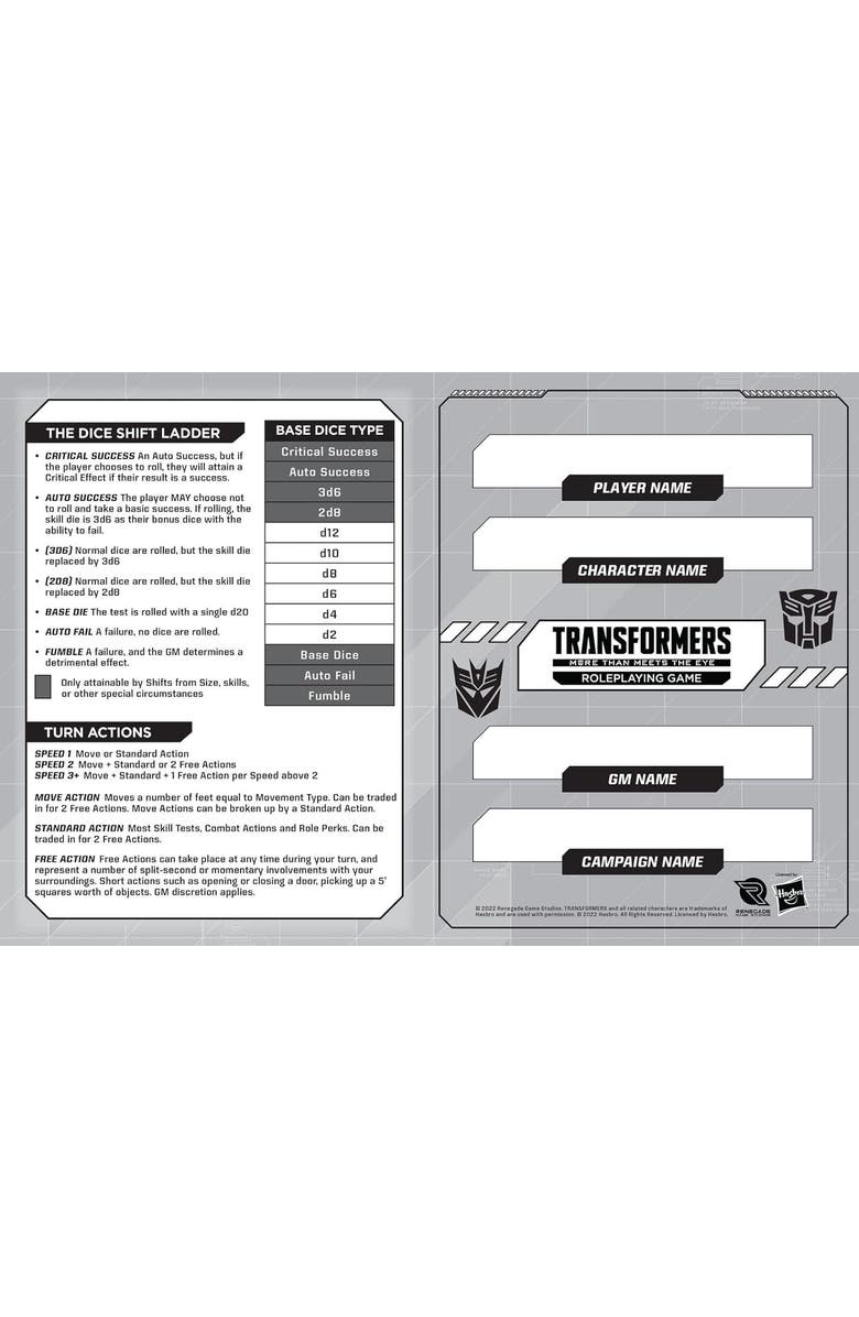 Renegade Game Studios Transformers Roleplaying Game Expanded Character Sheet Journal, Alternate, color,