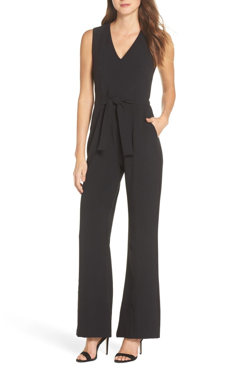 Tie Waist Crepe Jumpsuit, Main, color, BLACK