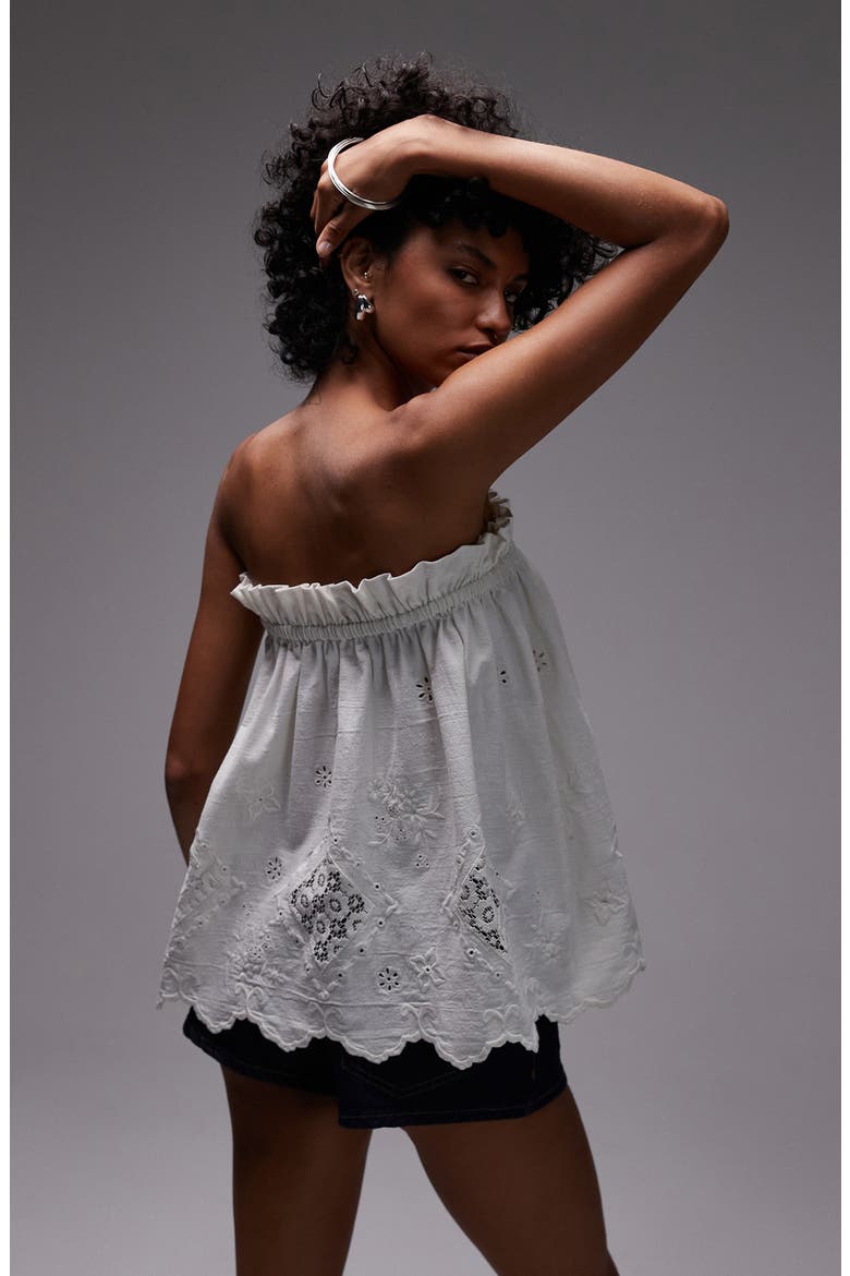 Lace Inset Strapless Cotton & Linen Top, Alternate, color, WHITE