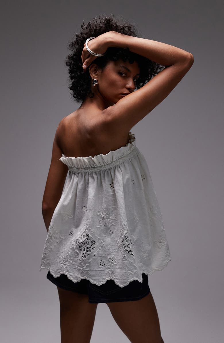 Topshop Lace Inset Strapless Cotton & Linen Top, Alternate, color, White