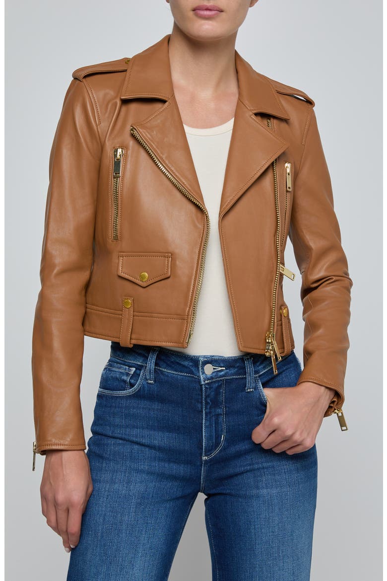 Blakely Crop Leather Biker Jacket, Main, color, SOFT COGNAC