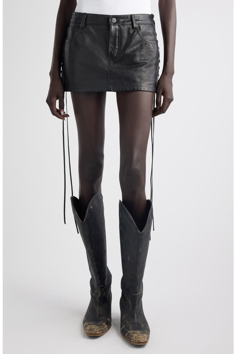 Lace-Up Leather Miniskirt, Main, color, 1000 BLACK