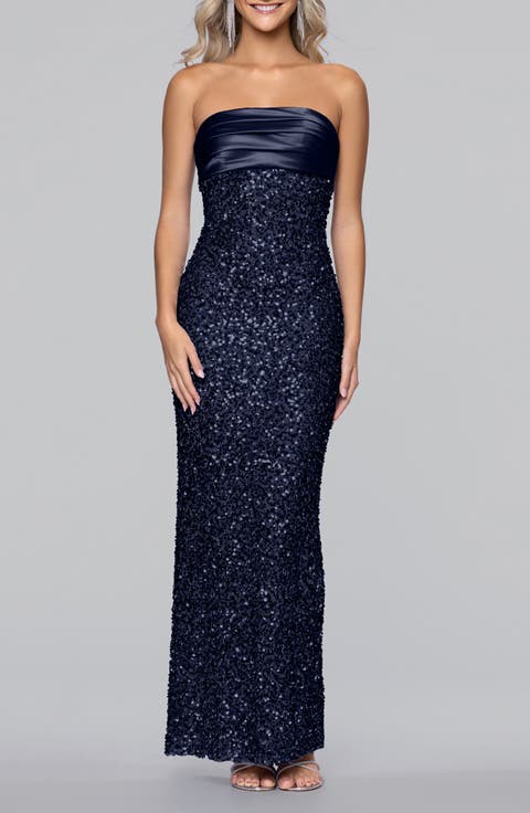 Sequin & Satin Strapless Gown