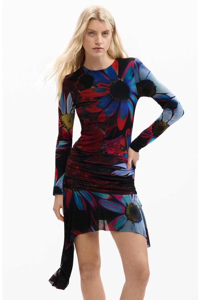 Floral Print Long Sleeve Minidress, Alternate, color, BLACK