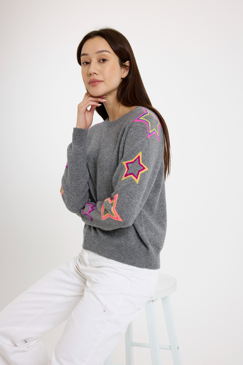 Brodie Pure Cashmere Pop Star Sleeve Crew Neck Jumper In Gray