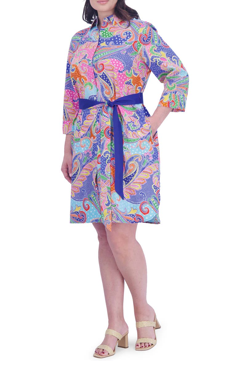 Foxcroft Rocca Paisley Belted Three-Quarter Sleeve Cotton Shirtdress, Alternate, color,