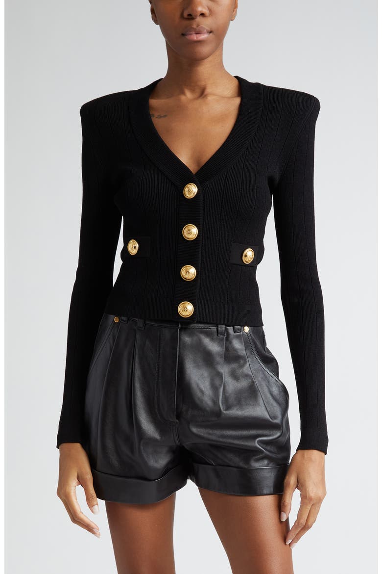 V-Neck Crop Pointelle Rib Cardigan, Main, color, BLACK