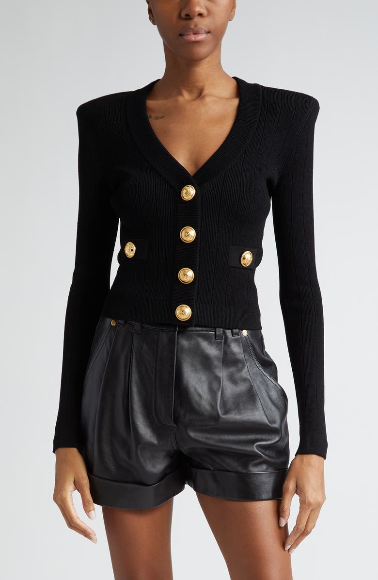 Balmain V-Neck Crop Pointelle Rib Cardigan, Main, color, 