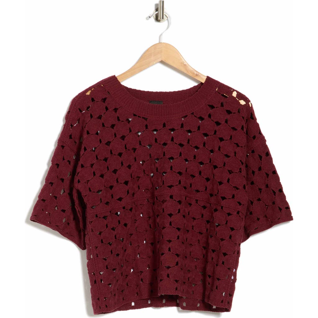 Bobeau Floral Crochet Short Sleeve Top In Brown