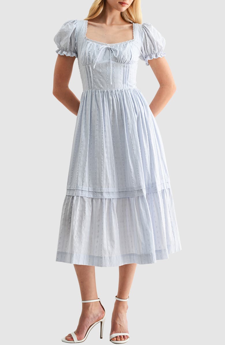 All in Favor Pintuck Cotton Dobby Midi Dress, Main, color, Light Blue