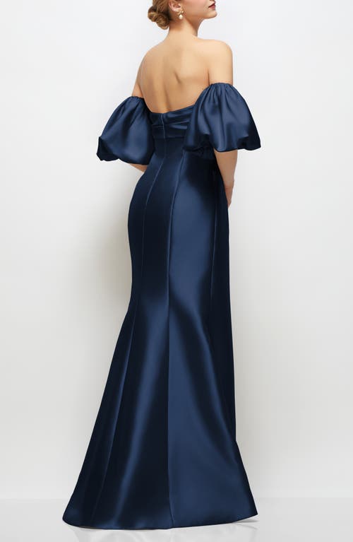 Alfred Sung Off The Shoulder Puff Sleeve Satin Gown In Blue