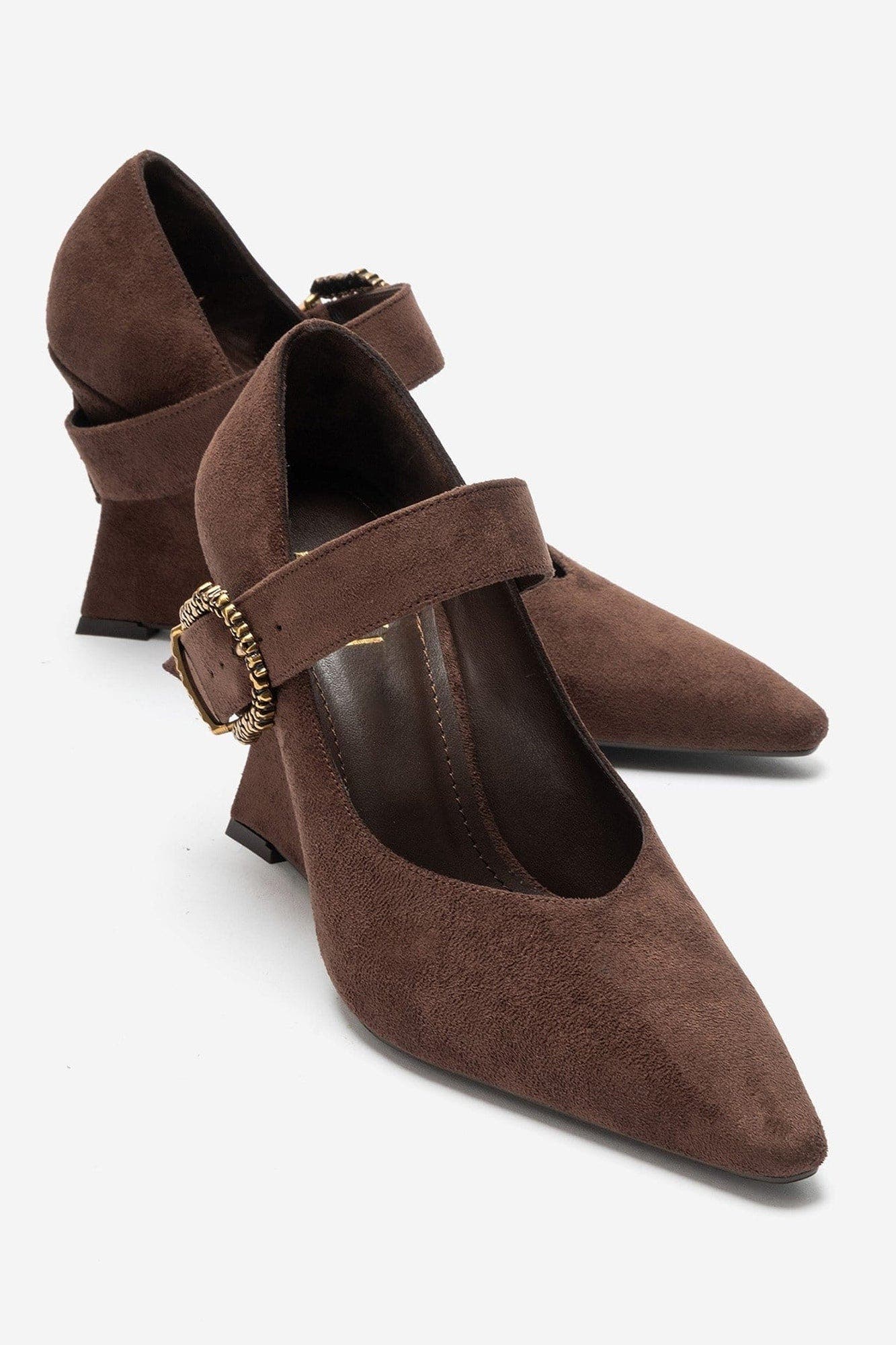 Lyons Buckled Wedge Pump, Alternate, color, Brown Suede