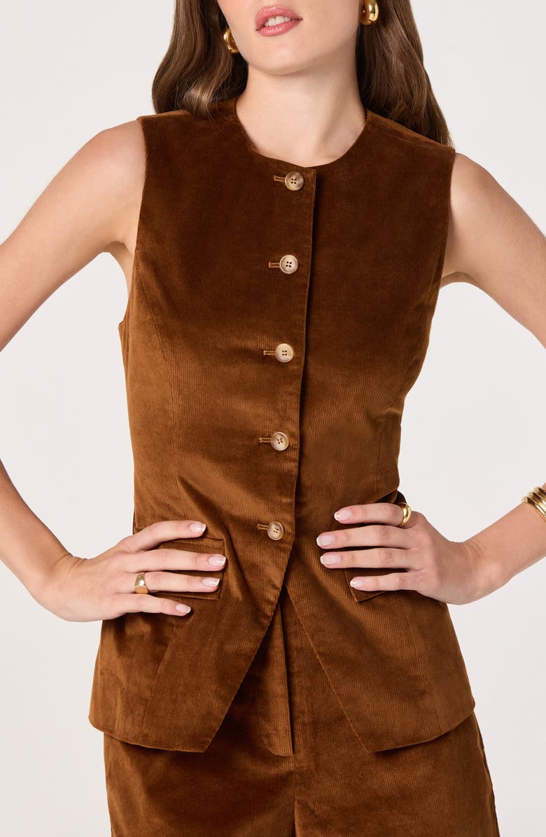 ASTR the Label Corduroy Button-Up Cutaway Vest, Alternate, color, Nutmeg