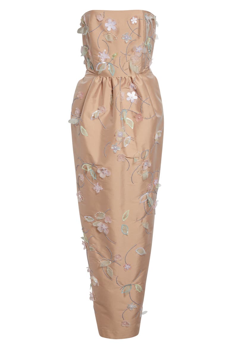 Lena Beaded Appliqué Strapless Dress, Alternate, color, CLEMATIS EMBROIDERY ON BEIGE
