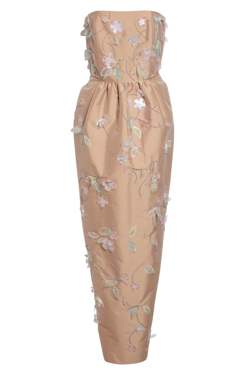 BERNADETTE Lena Beaded Appliqué Strapless Dress, Alternate, color, Clematis Embroidery On Beige