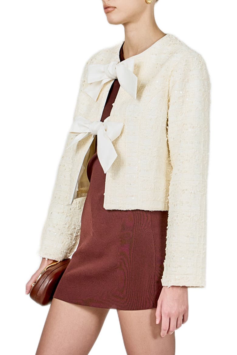 Contrast Bow Sequin Tweed Jacket, Alternate, color, CREAM