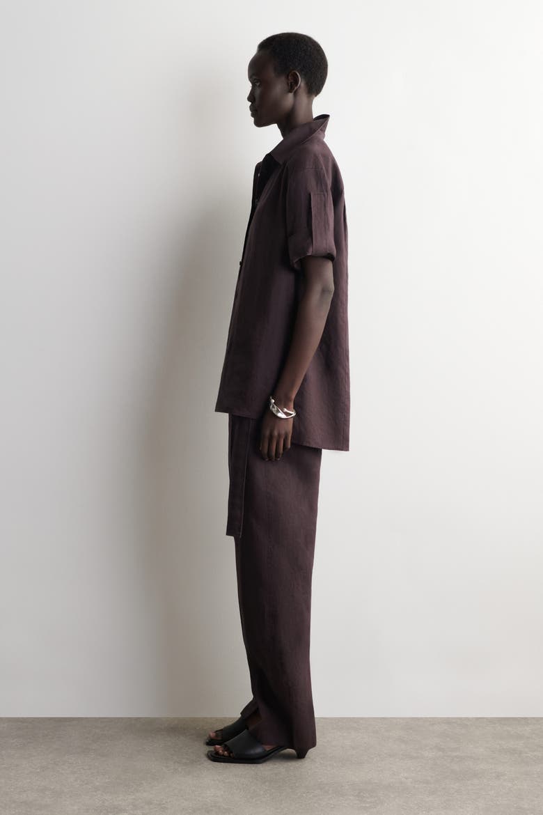 Folded-sleeve Linen Shirt, Alternate, color, BURGUNDY