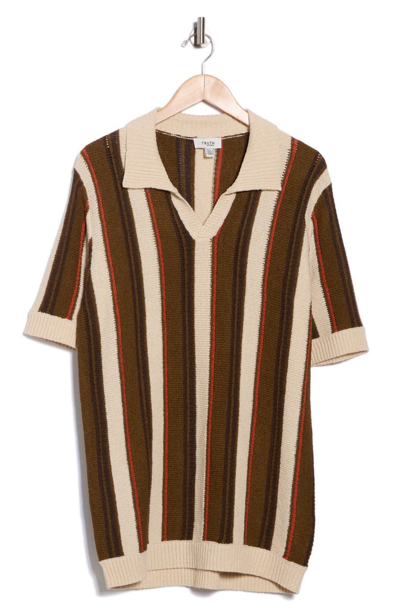TRUTH Stripe Knit Johnny Collar Polo, Alternate, color, Ivory / Brown Combo